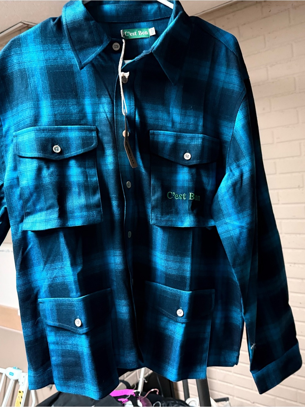 C'est Bon Teal & Black Plaid Button-Up Flannel